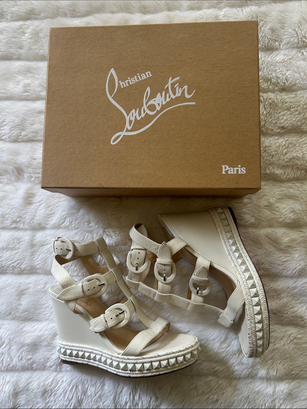 Christian Louboutin Cream Multi-Buckle Studded Wedge Sandals